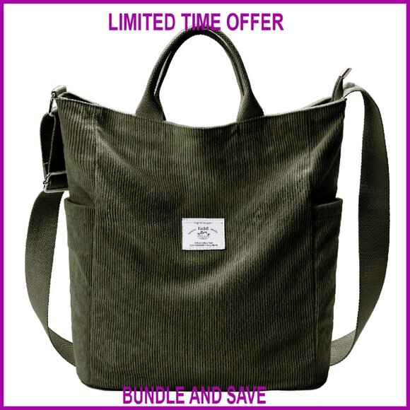 Handbags - Large Corduroy Tote Bag with Zipper, Adjustable Strap for Work Travel